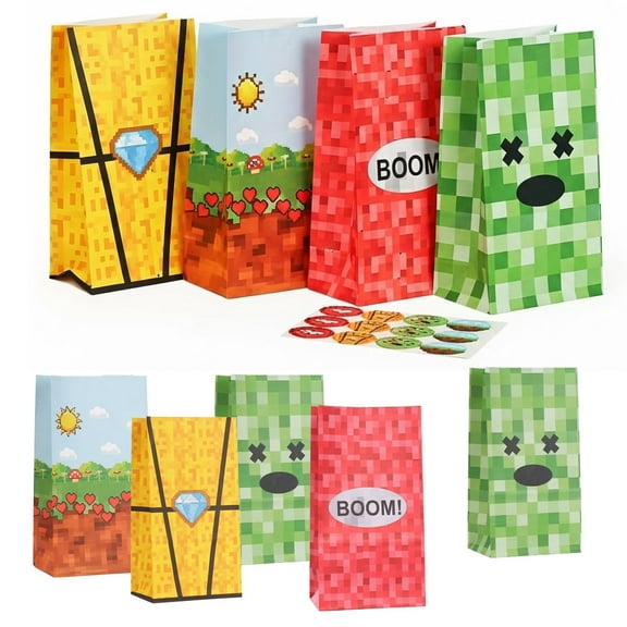 12 PCS Pixel Style Gamer Party Bags Pixel Mining Gift Bags  Minecraft Gift Bags Birthday Party Favor Bags