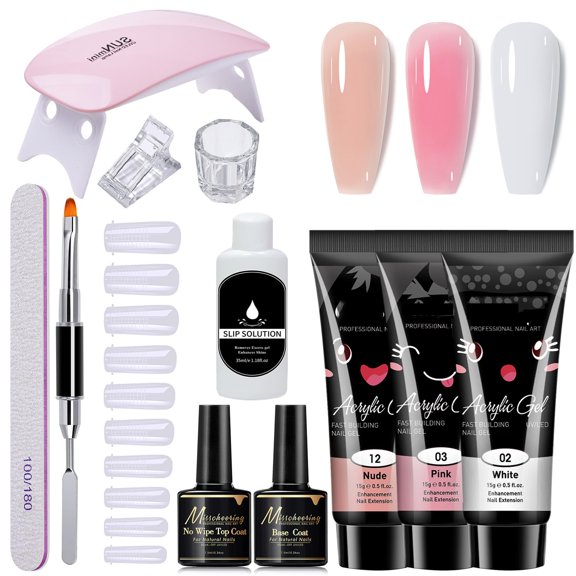 12 PCS Poly Extension Gel Manicure Kit Poly Gel With Mini Nail Lamp ,dual forms ,Slip Solution Basic Coat Poly Gel Nail Art Kits for Starter Basic Coat Poly Gel Nail Art Kits for Starter ALT2