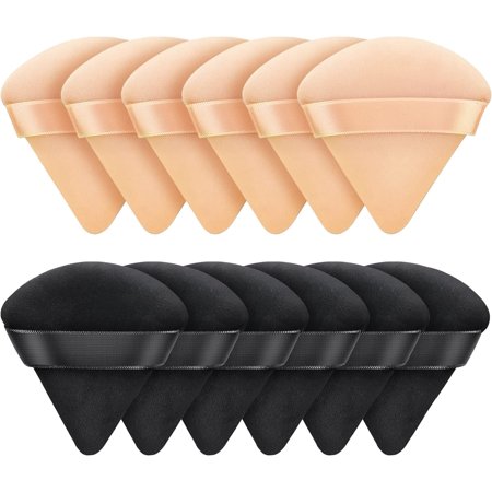 12 PCS Powder Puff Triangle Makeup Puffs for Loose Setting Powder Face Body, Foundation Blender Velour Setting Powder Puff, Super Soft Eye Makeup Wedges Beauty Tools (6 Black 6 Nude)