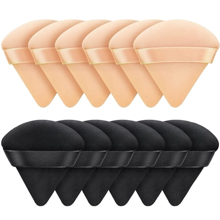 12 PCS Powder Puff Triangle Makeup Puffs for Loose Setting Powder Face Body, Foundation Blender Velour Setting Powder Puff, Super Soft Eye Makeup Wedges Beauty Tools (6 Black 6 Nude)