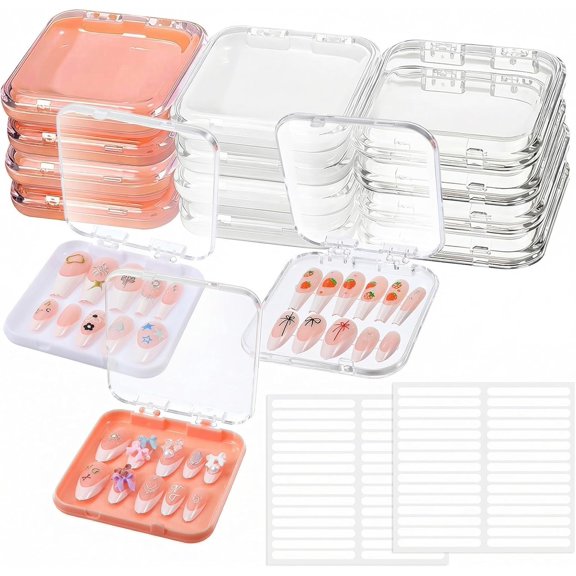 12 PCS Press on Nail Packaging Boxes with Adhesive Tape, Acrylic Press on Nail Storage Box for Home and Salon Use (Clear, Pink, White)