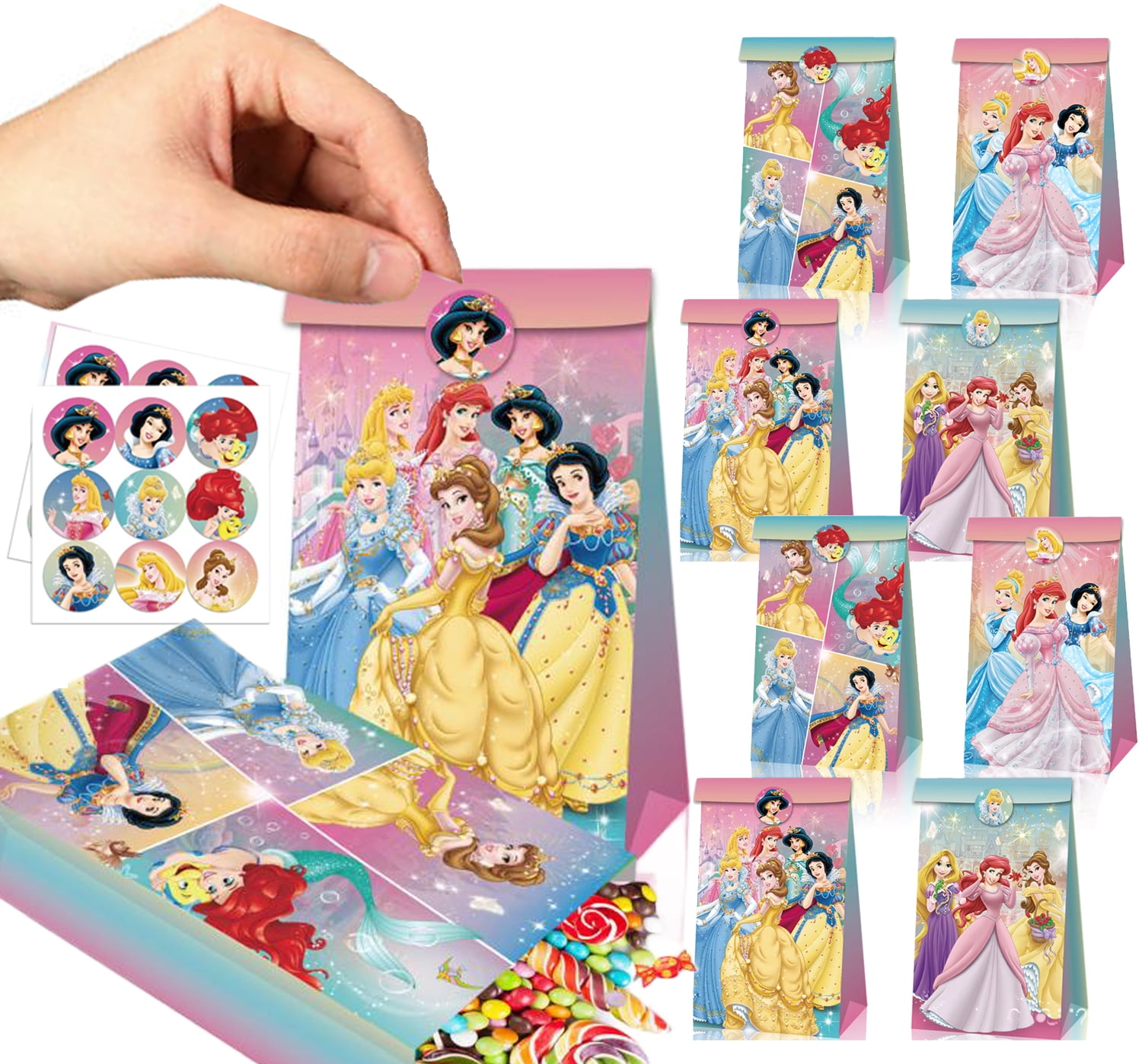 12 PCS Princess Party Gift Bags Girls' Happy Birthday Favor Bags Princess Goodie Bags Belle Bags Cinderella Gift Bags Sleeping Beauty Gift Bags Snow White Favor Bag