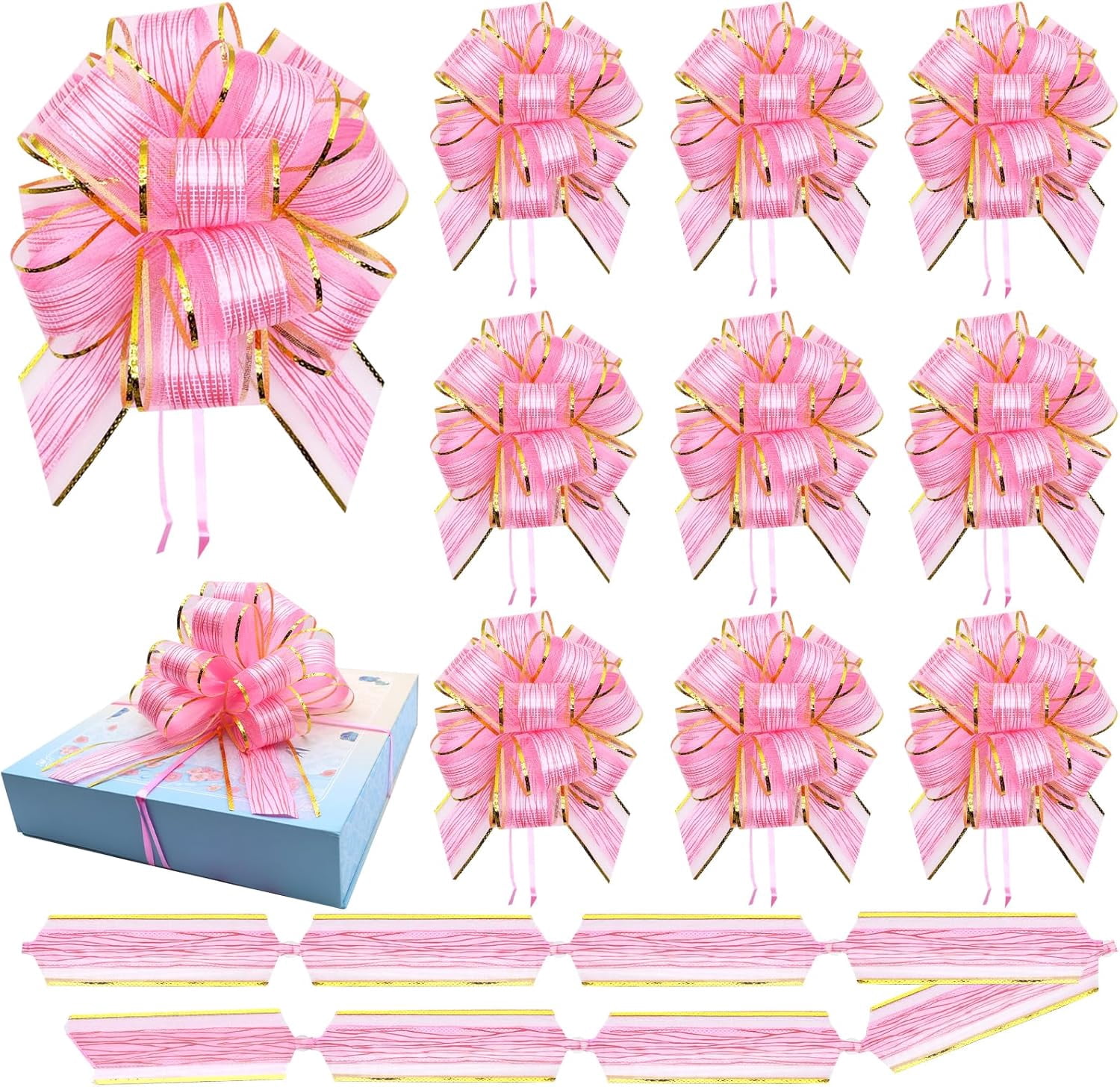 12 PCS Pull Bows for Gift Wrapping Ribbon Bow Gold Bow, Big Christmas Wedding Anniversary Valentine's Day Flower Basket Bouquet, Pink