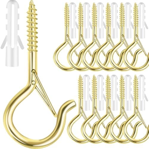 12 PCS Q-Hanger Hooks, Screw Hooks for Outdoor String Lights, Safety Buckle Design Cup Eye Hook for Hanging Christmas Lights, Plants, Wind Chimes, Mounted on Wall Ceiling, Windproof, Gold