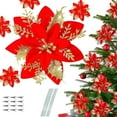 thumbnail image 1 of 12 PCS Red Poinsettia Flower Artificial Poinsettias With Clips Christmas Decorations Glitter Poinsettia Christmas Ornaments Xmas Tree Flower Decor with Stems DIY Xmas Wreath Home Holiday Party, 1 of 8