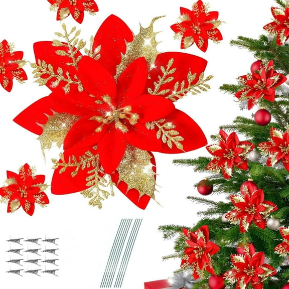12 PCS Red Poinsettia Flower Artificial Poinsettias With Clips Christmas Decorations Glitter Poinsettia Christmas Ornaments Xmas Tree Flower Decor with Stems DIY Xmas Wreath Home Holiday Party