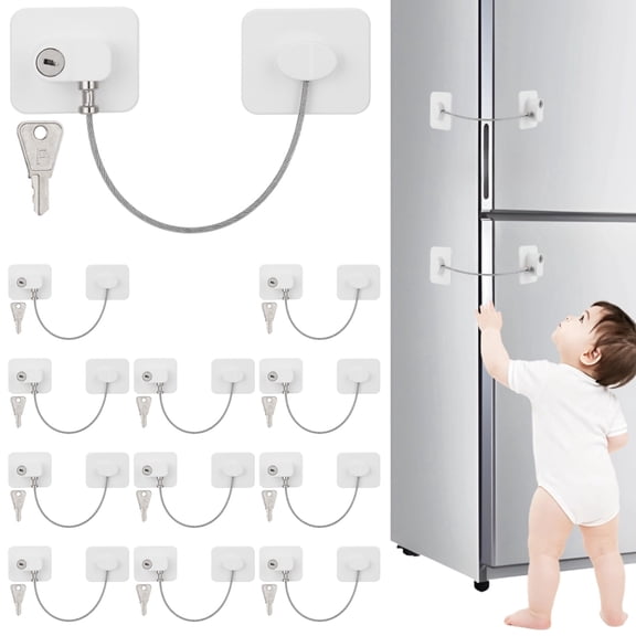 12 PCS Refrigerator Lock with 12 Keys, Adhesive Fridge Locks with Steel Wire, Safety Locks for Freezer, Cabinet, File Drawer, Closet, Kitchen Appliance, Furniture
