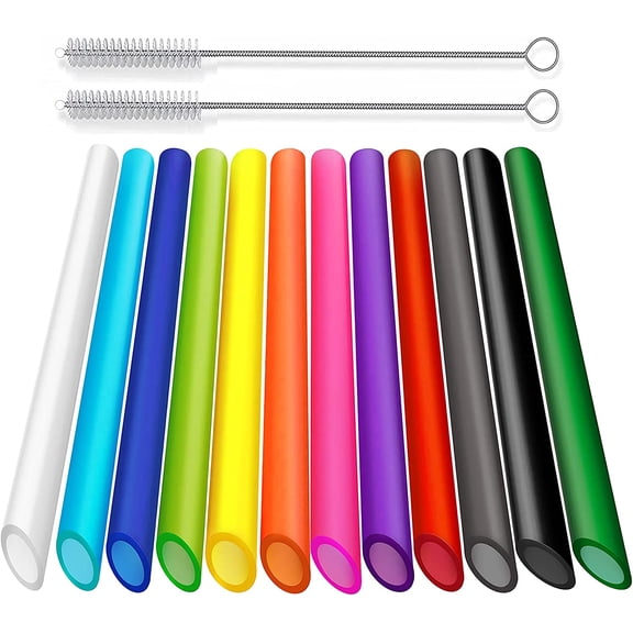 12 PCS Reusable Boba Straws, 10.5 Long x 0.51 Wide Colored Plastic Smoothie Straws for Bubble Tea, Tapioca Pearls with 2 Cleaning Brush - Pointed Design