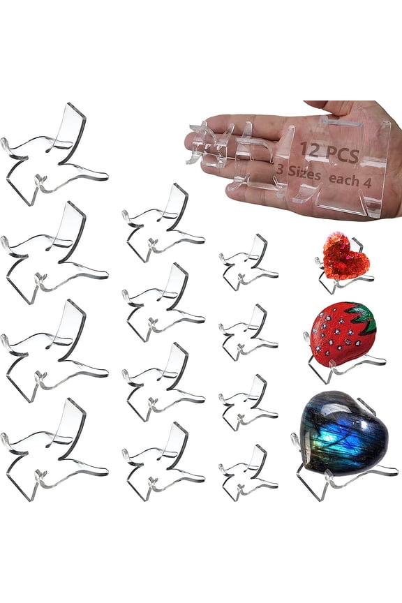 12 PCS Rock Display Stand Mini Acrylic Easel Stands ( 3 Sizes ) Acrylic Rock Holder Rock Stands for Display Multiple Sizes Small Collectibles - Crystal Painted Rock Geodes Rock Mineral Agate Fossil