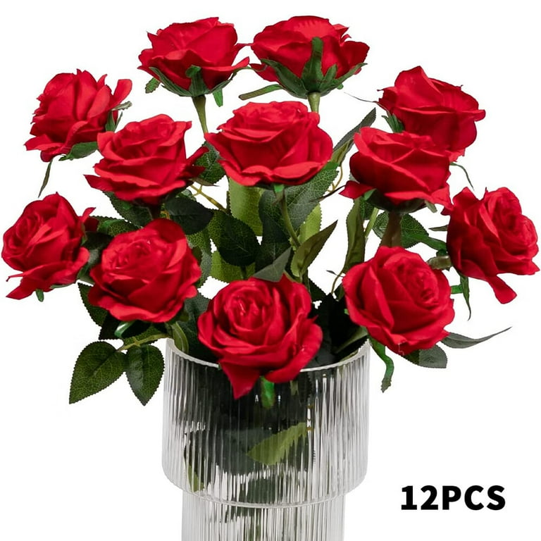 12 PCS Rose Artificial Red Roses Flowers Realistic Blossom Roses Real Touch Silk Rose Single Fake Flower Long Stem Bouquets for Home Wedding Party