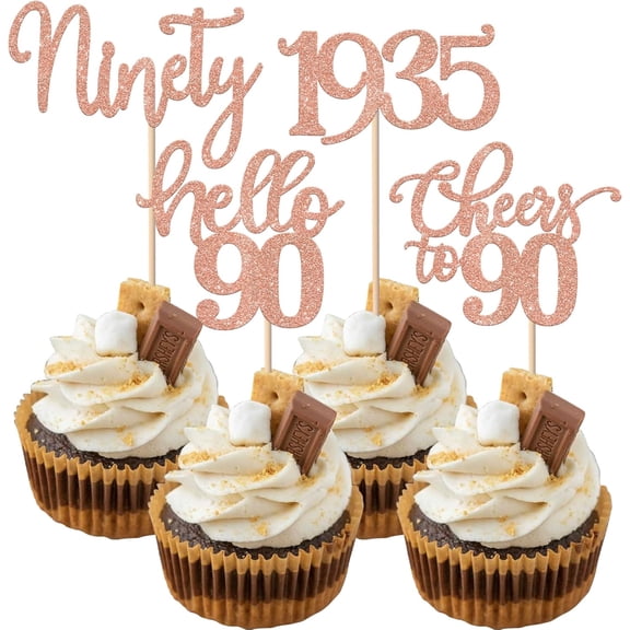 12 PCS Rose Gold Glitter 90th Birthday Cupcake Toppers, Hello 90 Cheers to 90 Ninety 1935 Cupcake Picks, Glitter Paper Cake Decorations for 90th Birthday Party Supplies
