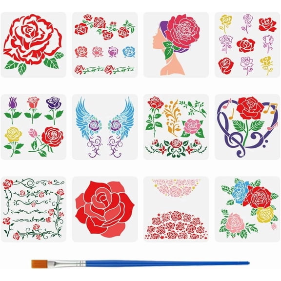 12 PCS Rose Theme Stencils with Paint Brush 11.8x11.8 inch Decorative Floral Rose Pattern Template for Painting on Wood Wall Tile Canvas Paper Fabric Floor Furniture DIY Home Decor White
