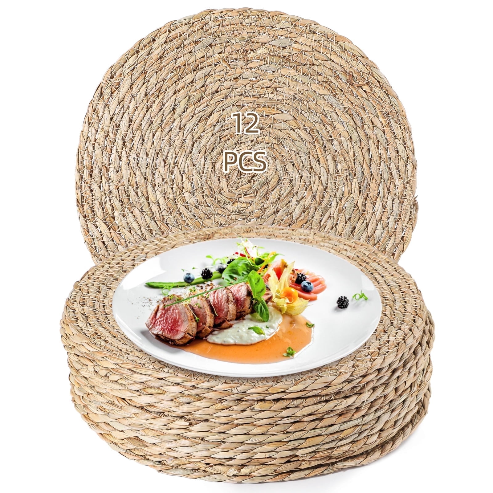 12 Pack Round Woven Placemats - 12 Inch Natural Grass Table Mats | Circle Rattan Table Place Mat for Heat Resistant Protection, Rustic Farmhouse Dining Decor