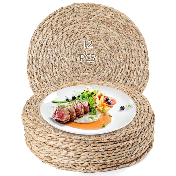 12 Pack Round Woven Placemats - 12 Inch Natural Grass Table Mats | Circle Rattan Table Place Mat for Heat Resistant Protection, Rustic Farmhouse Dining Decor