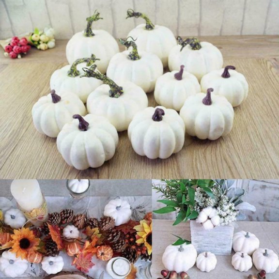 12 PCS Rustic White Artificial Pumpkins for Halloween, Fall Thanksgiving Decorating Harvest Embellishing and Displaying