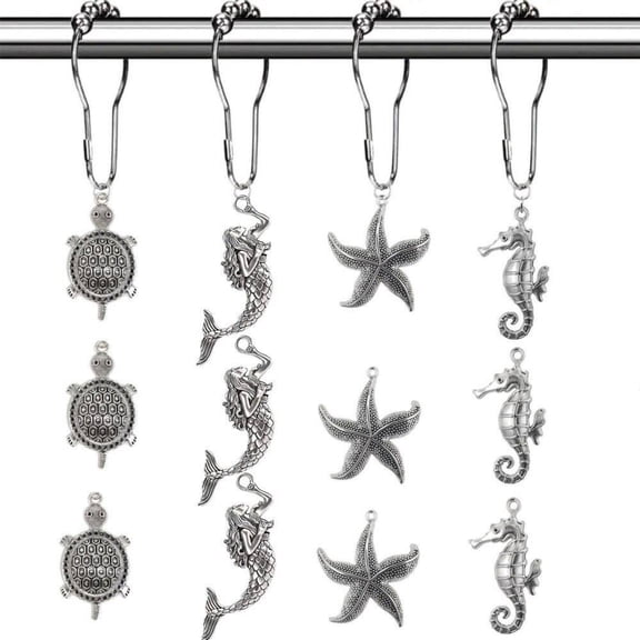 12 PCS Rustproof Stainless Steel Shower Curtain Hooks, Smooth Gliding Decorative Rings, Ocean Marine Themed Bathroom Accessories