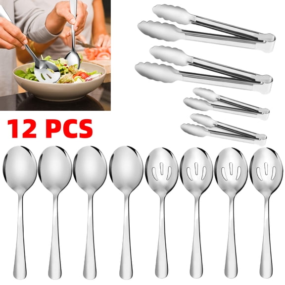 12 PCS Serving Utensils - Hostess Serving Utensils Set, Premium Stainless Steel Serving Utensils Spoons Tongs Large Slotted Spoons for Buffet Wedding Dinner