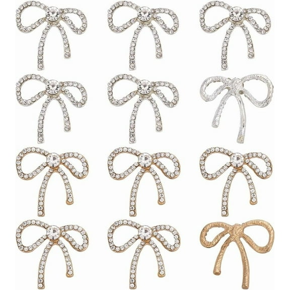 12 PCS Shape Rhinestone Buttons 2 Colors Alloy Rhinestone Bowknot Buttons Platinum Light Gold Reusable Rhinestones Decoration for DIY Crafts Clothes Dress Hairclip Handwork