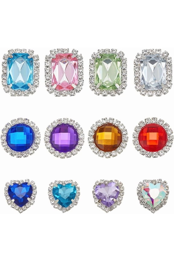 12 PCS Shoes Decortion with Nylon Backing Adhesive 12 Styles Alloy Shoe Decorations Glass Rhinestone Shoe Buckles Rectangle Heart Round Shoe Clips Removable Shoe Buckles