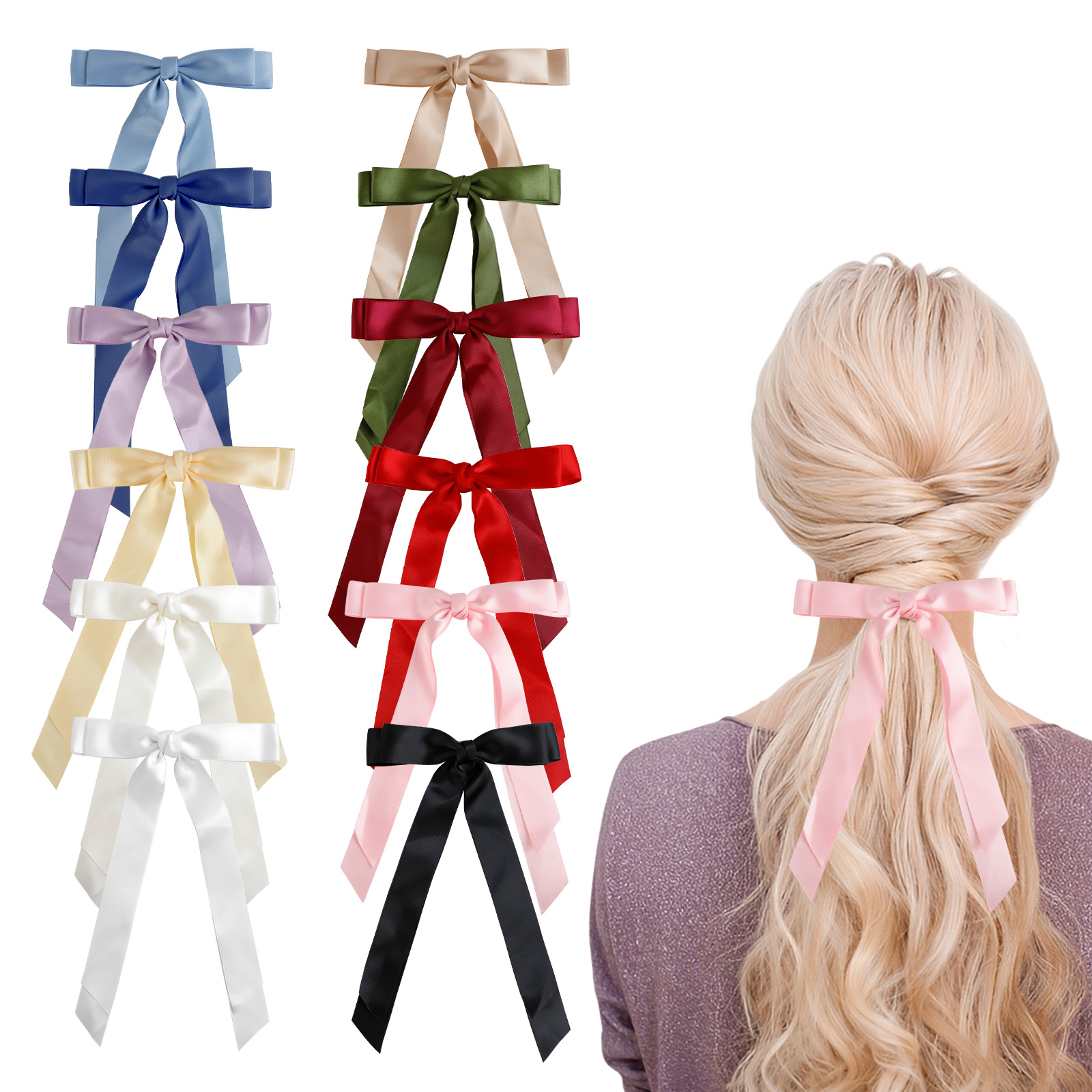12 PCS Silky Satin Hair Bows, Bowknot Hair Clips with Long  display picture 1
