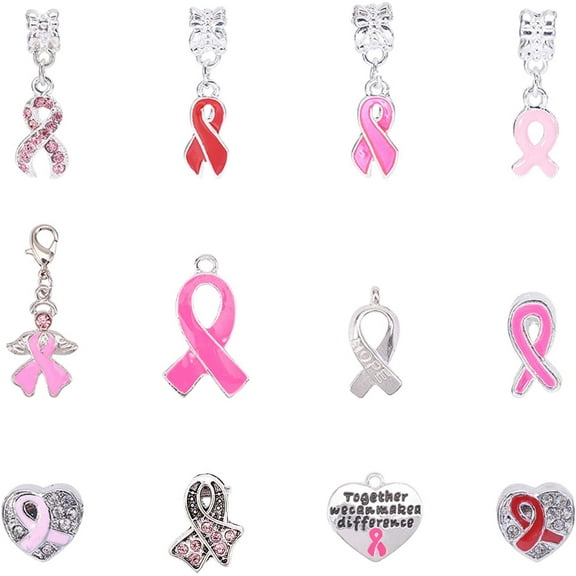 12 PCS Silver Plated Breast Cancer Awareness Pink Ribbon Dangle Charm European Style Beads Charm Mixed Color