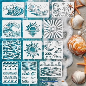 12 PCS Sunrays Wave Stencils for Painting with Brush 2 Sizes Reusable Sunlight Sunset Sunrise Template Hollowed Sea Wave Coco Trees Stencil Plastic PET Nature Theme Template for Decor