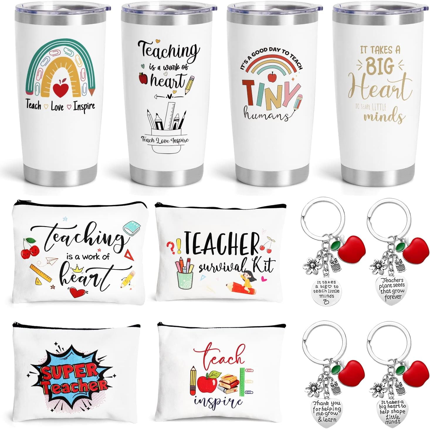 Teacher Appreciation Gift Set - 20oz Insulated Tumblers With Makeup Bag & Stickers (4-Pack Bulk)