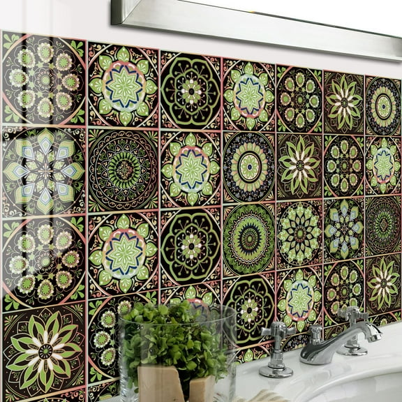 12 PCS Tiles Stickers Kitchen Backsplash Decals 6x6inch Mandala Wall Stickers Vinyl Peel and Stick Bathroom Stairs Decor