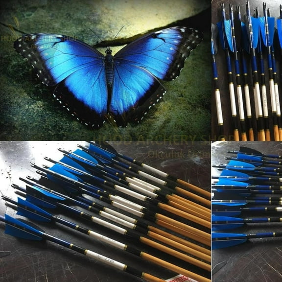 12 PCS Traditional Personalized Archery Wooden Arrow For Recurve Bow & Longbow Blue Black Medieval Ottoman Hunting Arrow Christmas Gift For Archer