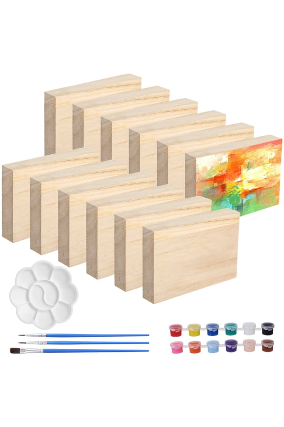 Unfinished Wood Painting Kit - 12 Natural Paulownia Wood Blocks, 12 Acrylic Paints & Brushes for DIY Art, Crafts & Home Decor (6 x 4 x 1 in)