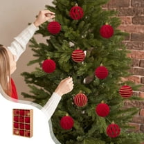 12 PCS Velvet Christmas Ball Ornaments Set 2.36 Inches Gold Stripes Flocked Hanging Balls for Xmas Tree Plastic Decorative Baubles for Holiday Party Wedding Decor Supplies