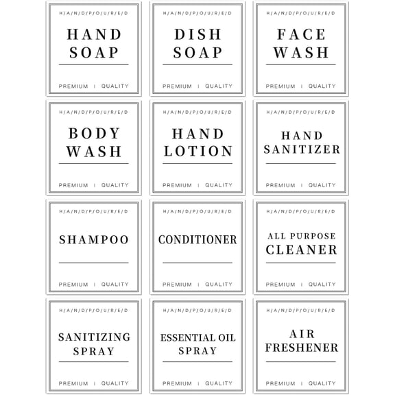 12 PCS Waterproof Glass/Plastic Bottle Labels - Farmhouse Bathroom/Kitchen Hand Soap Dispenser Label Stickers, Removable Cleaning Labels for Lotion, Shampoo and Conditioner