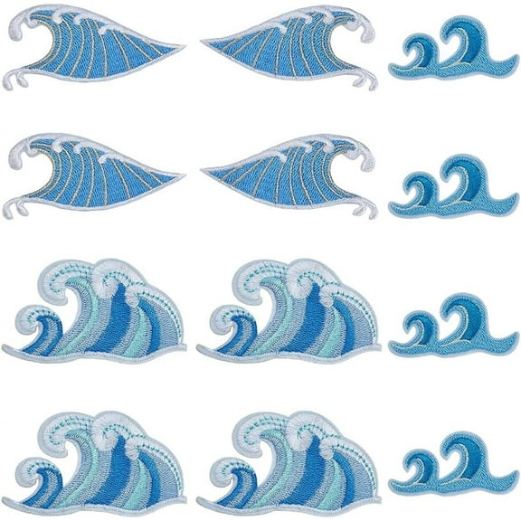 12 PCS Wave Embroidered Patches Blue Sea Wave Embroidery Patches Applique Retro Cute Decration Iron on Patch Wave Applique Repair Patch for DIY Clothes Dress Jackets Hats Jeans
