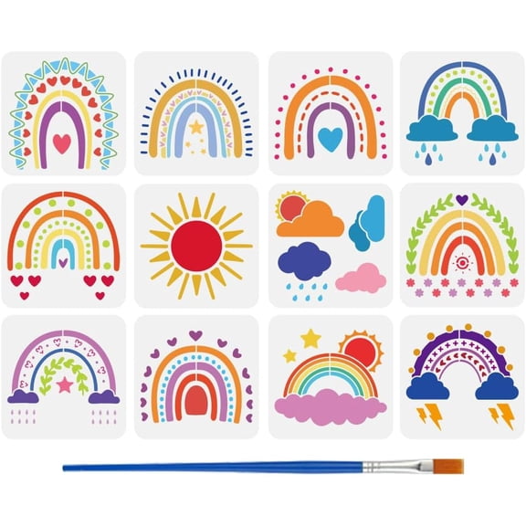 12 PCS Weather Rainbow Stencils for Painting with Brush 7.9x7.9inch Sun Cloud Heart Stars Template Olive Leaves Rain Thunder Lightning Stencil Nature Theme Template for Wall Decoration