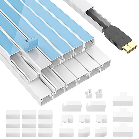 12 PCS White Self-Adhesive Cable Raceway, 4.8 m Mini Cable Channels (40 cm Each, 2 1 cm), PVC Cable Cover with 22 Accessories for Hiding TV and Power Cables at Home