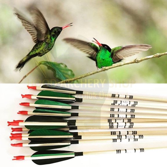 12 PCS Wooden Archery Arrow For Medieval Traditional Hunting Arrows Recurve Longbow Bow Shoot with Green Black Turkey Feather Christmas Gift