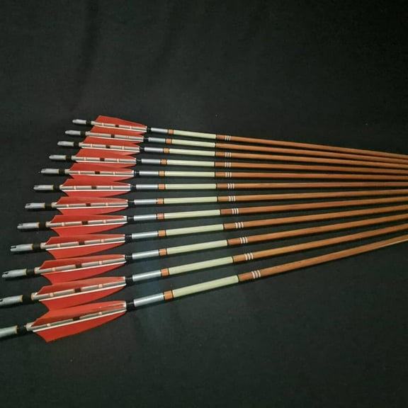 12 PCS Wooden Archery Arrows Personalized Archer Arrow For Recurve Bow Longbow Medieval Traditional Ottoman Hunting Shoot with Orange Feather