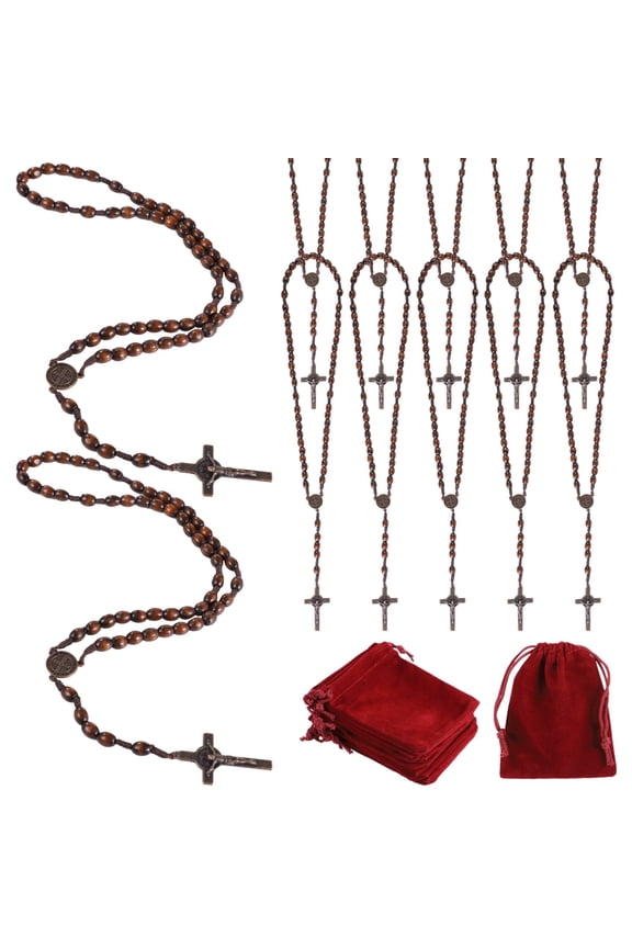 Wooden Rosary Necklace 12 Pack, Deep Brown Wood Beads with Metal Cross & Velvet Pouch - Religious Gifts,Catholic Faith Prayer Jewelry