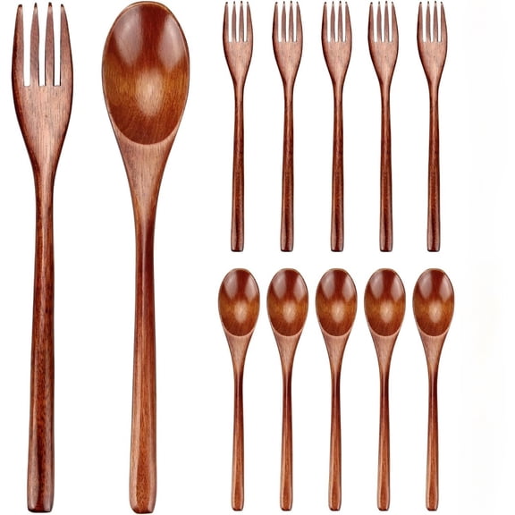 12 PCS Wooden Forks and Spoons for Eating Utensil Set Lunch Wooden Cutlery Reusable Bamboo Utensils Wooden Spoon Fork Set