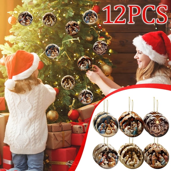 12 PCS Wooden Nativity Scene Christmas Ornaments, 3D Hanging Decor, Holiday Home Tree Gift Set