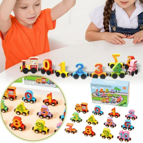 12 PCS Wooden Number Train Set for Toddlers Wooden Train with Numbers 0-10 & Engine Educational Montessori Toy for Kids, Compatible with Track Toys, Gifts for Boys & Girls Age 3