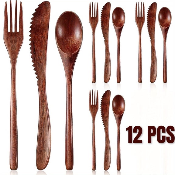 12 PCS Wooden Utensils for Eating Wooden Spoon Fork Knife Cutlery Set Kitchen Wood Dinner Flatware Tableware Set Includes Wood Spoon, Fork, Knife