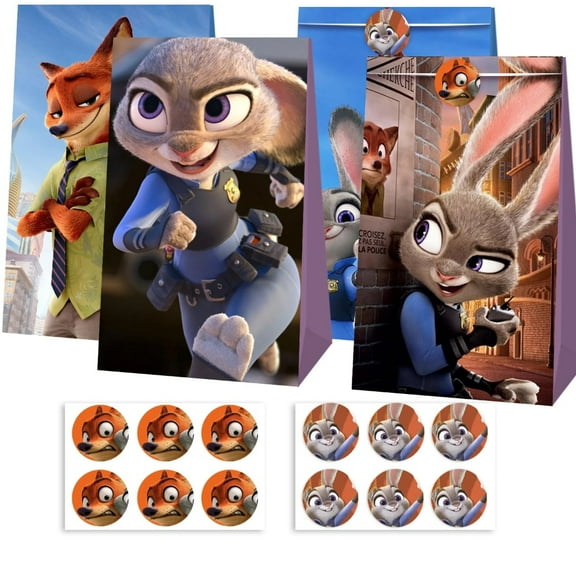 12 PCS Zootopia Kraft Paper Goodie Bag Small Gift Bags for Zootopia Party Supplies,Kids Birthday Game Party Kraft Paper Goodie Gift Bag Decorations