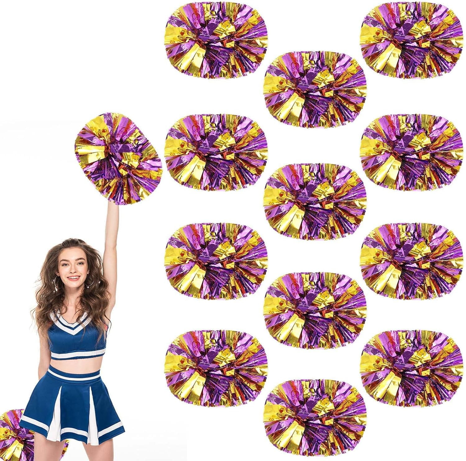 12 PCS pom poms Cheer, 13.8inch Sports Dance for Sports Team Spirit Cheering with Handle