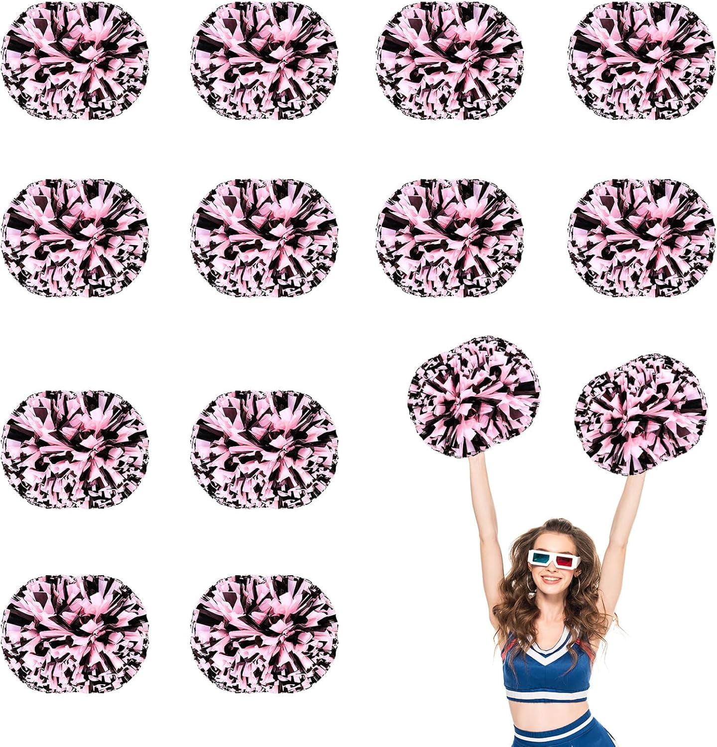 12 PCS pom poms Cheerleading,13.8inch Sports Team Spirits Cheering Squad Dance Training with Handle