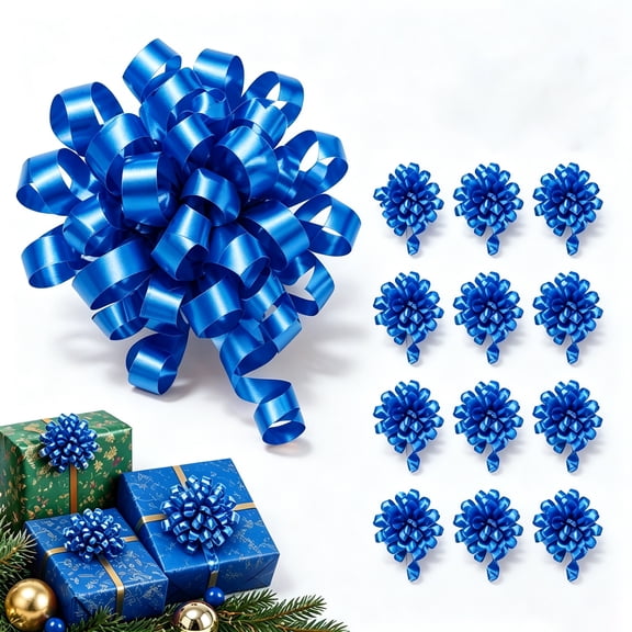 12 PCs Bows 6 Inch Self Adhesive Curly Ribbon Bows for Gift Wrapping, Metallic Blue Holiday Decorations, Metallic Christmas Bow, Valentines Party Decoration Supplies