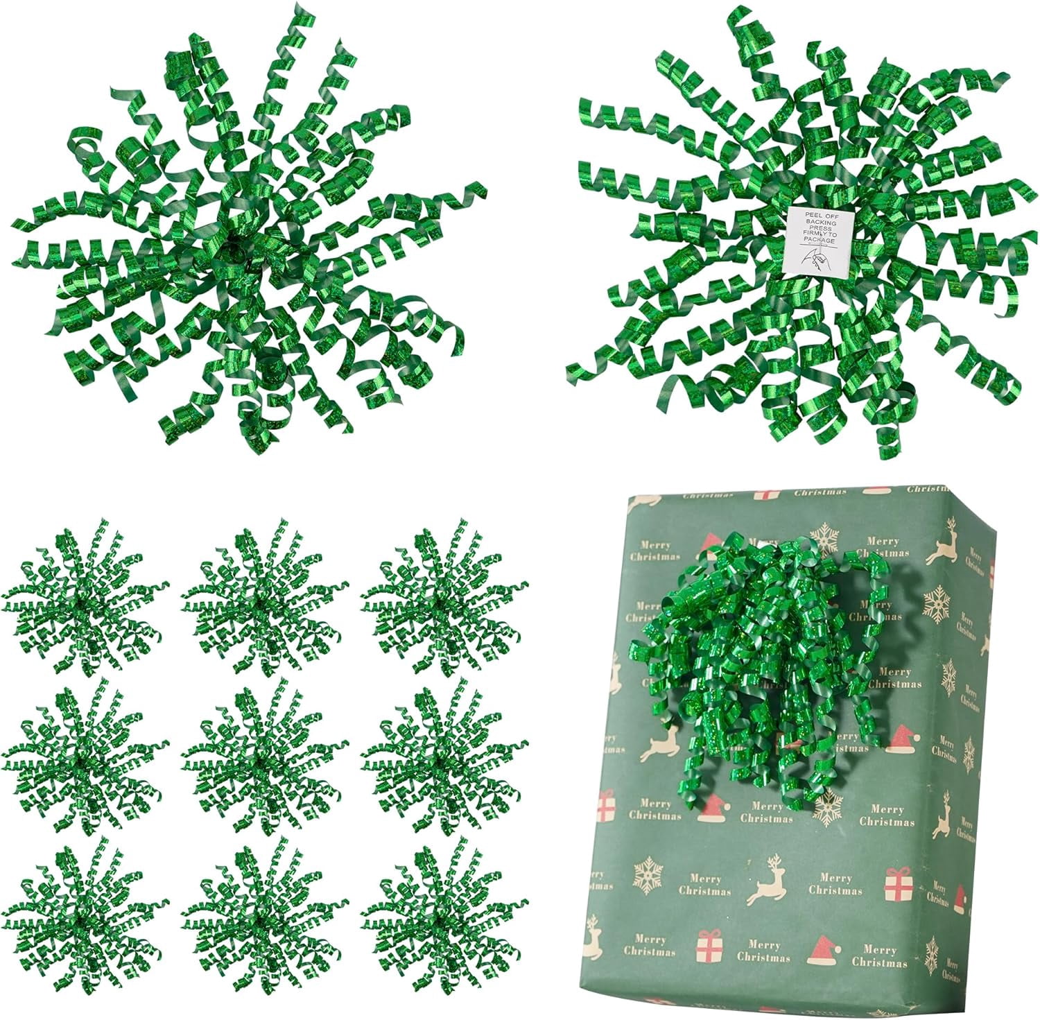 12 PCs Green Bows for Gift Wrapping 5 Inch Self Adhesive Curly Ribbon Bow for Party Favor, Gift Wrap Accessory, Metallic Christmas Bows, Premade Bows for Presents, Wine Bottles, Baskets