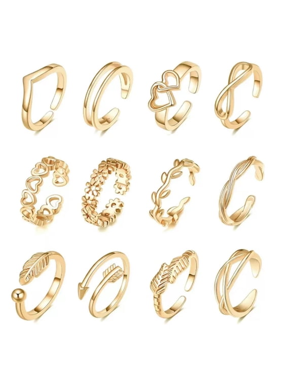 12 PCs Mixed Design Adjustable Toe Rings Set, Minimalist Fashion Rings for Women, Assorted Styles (Flower, Heart, Geometric) with Gift Box - Gold