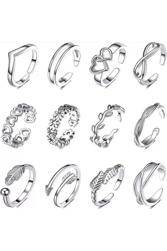 12 PCs Mixed Design Adjustable Toe Rings Set, Minimalist Fashion Rings for Women, Assorted Styles (Flower, Heart, Geometric) with Gift Box - Silver