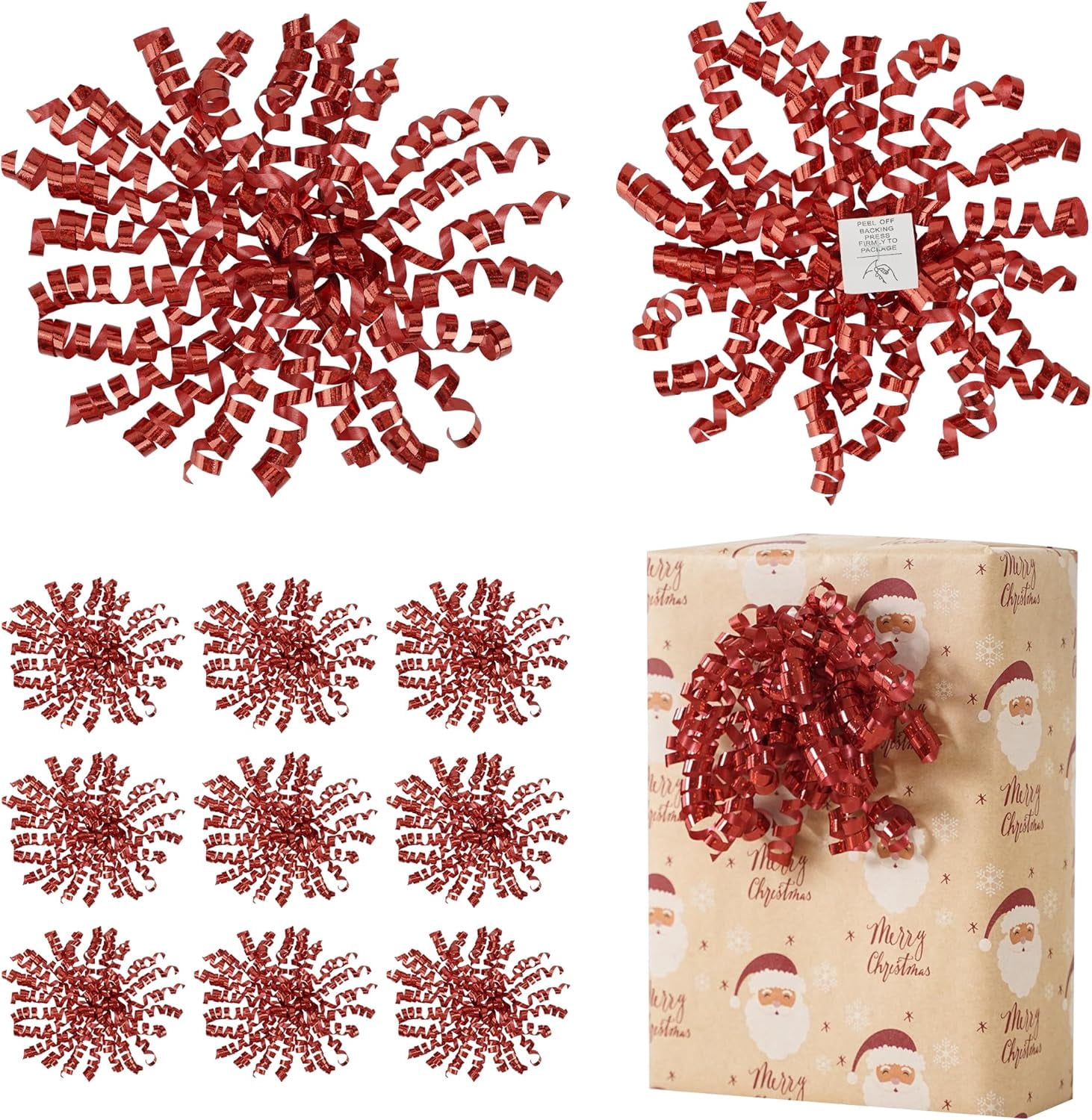 12 PCs Red Bows for Gift Wrapping 5 Inch Self Adhesive Curly Ribbon Bow for Party Favor, Gift Wrap Accessory, Metallic Valentine Bows, Premade Bows for Presents, Wine Bottles, Baskets